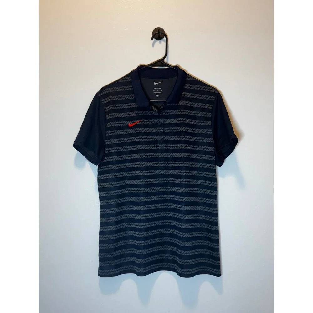 Nike Dri-FIT Polo Shirt Mens XL Navy Blue Grey Striped Short Sleeve Golf Top